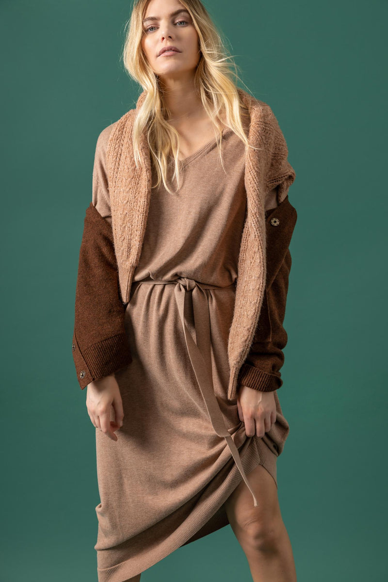 Easy V-Neck Sweater Dress in Flax
