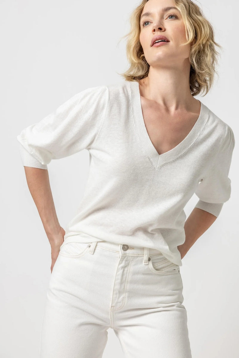 Puff Sleeve V-Neck Sweater in Linen