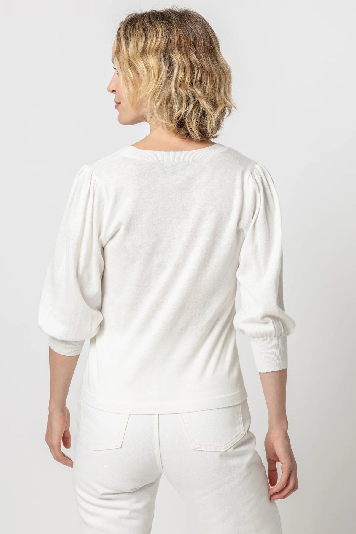 Puff Sleeve V-Neck Sweater in Linen