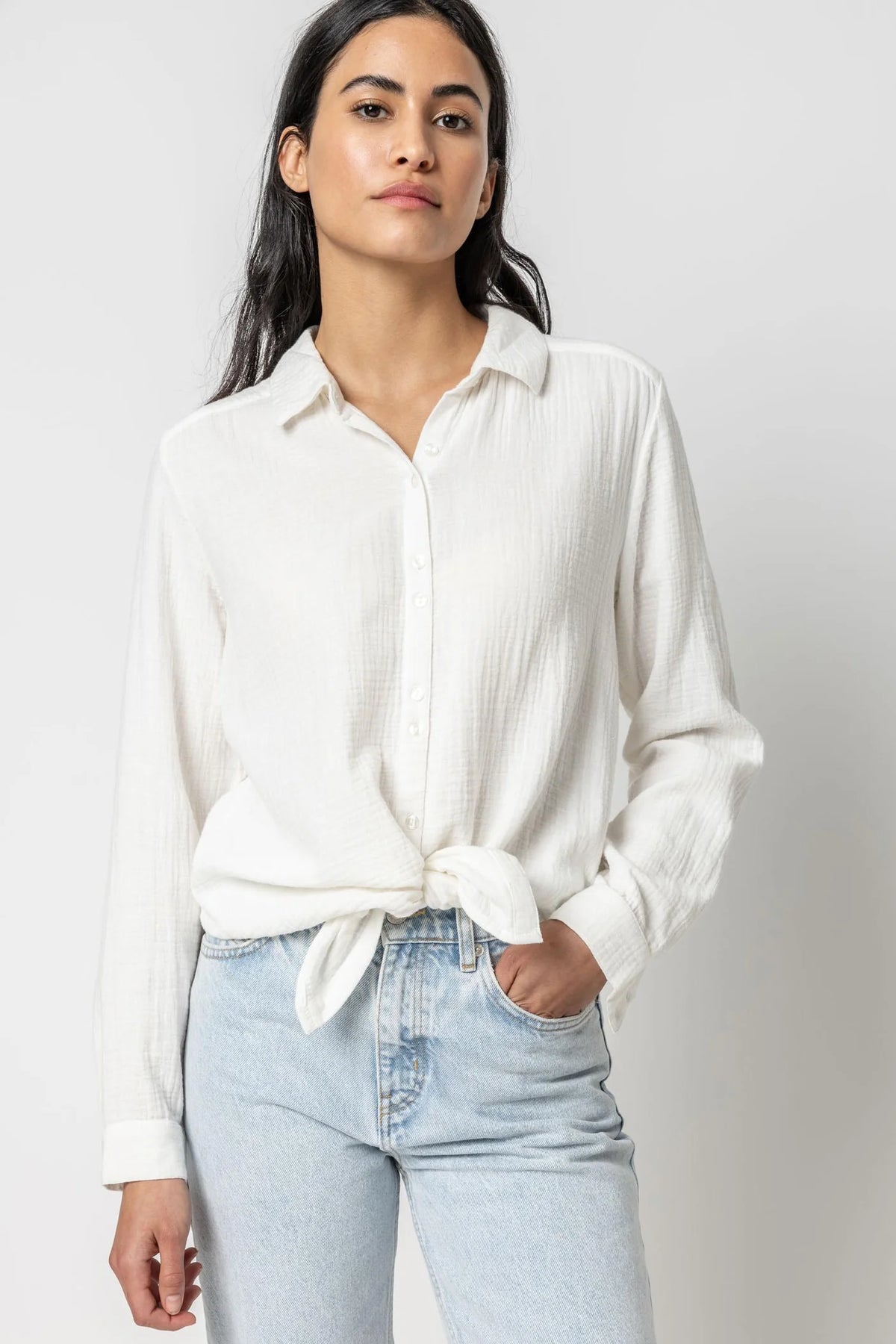 Long Sleeve Gauze Button Down Top in White