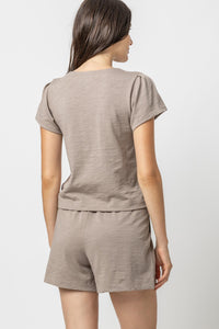 Pleated Cap Sleeve V-Neck Tee in Driftwood