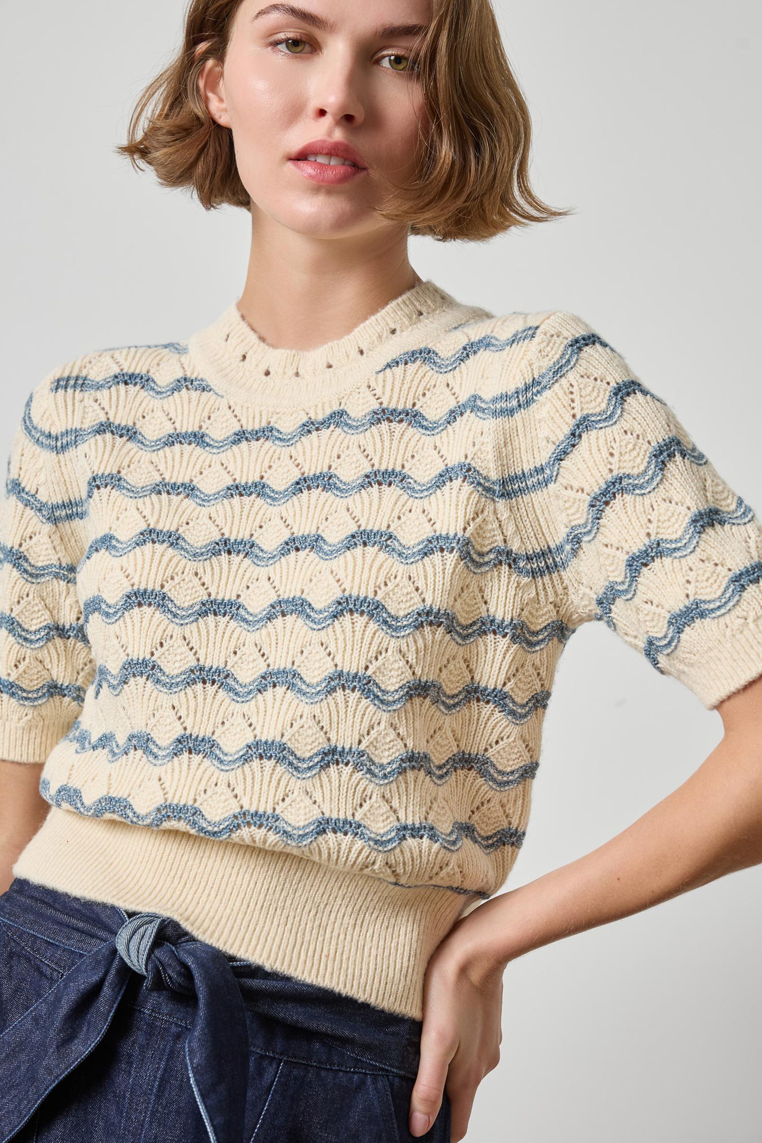Multi-Stitch Knit Pullover in Winter White Stripe