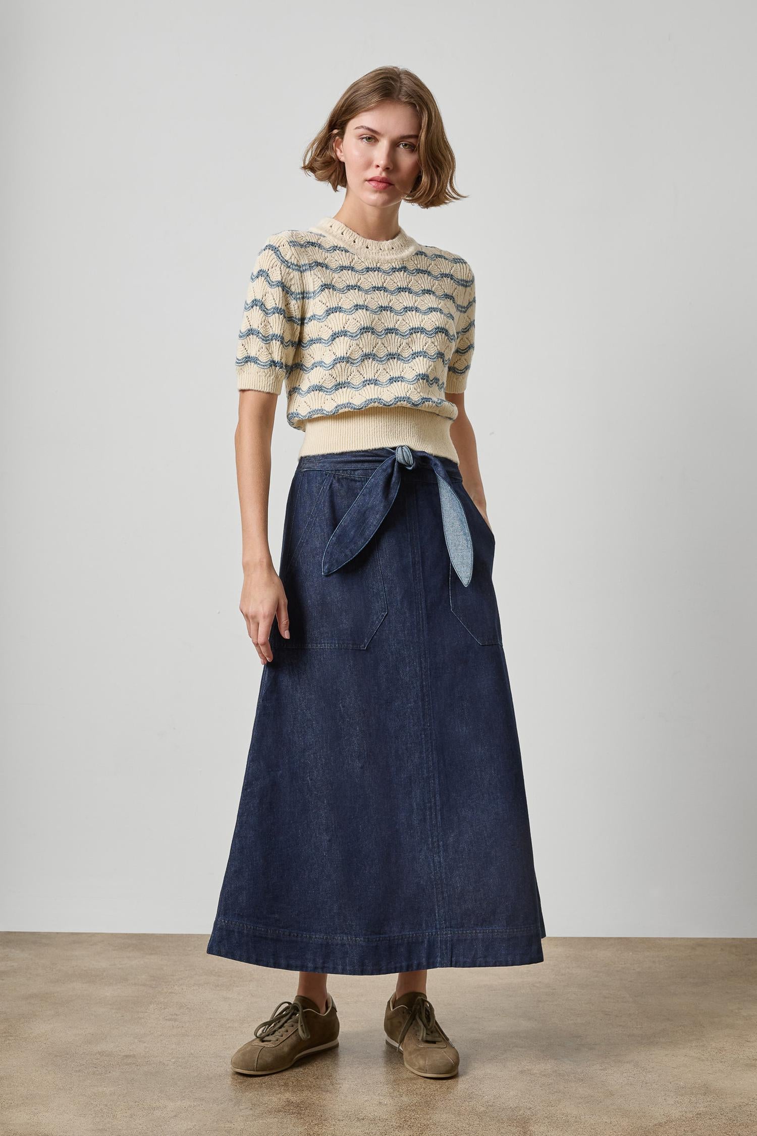 Multi-Stitch Knit Pullover in Winter White Stripe