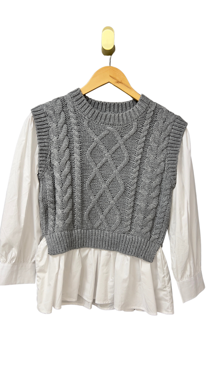 Mixed Media Sweater Top in Heather Grey/White