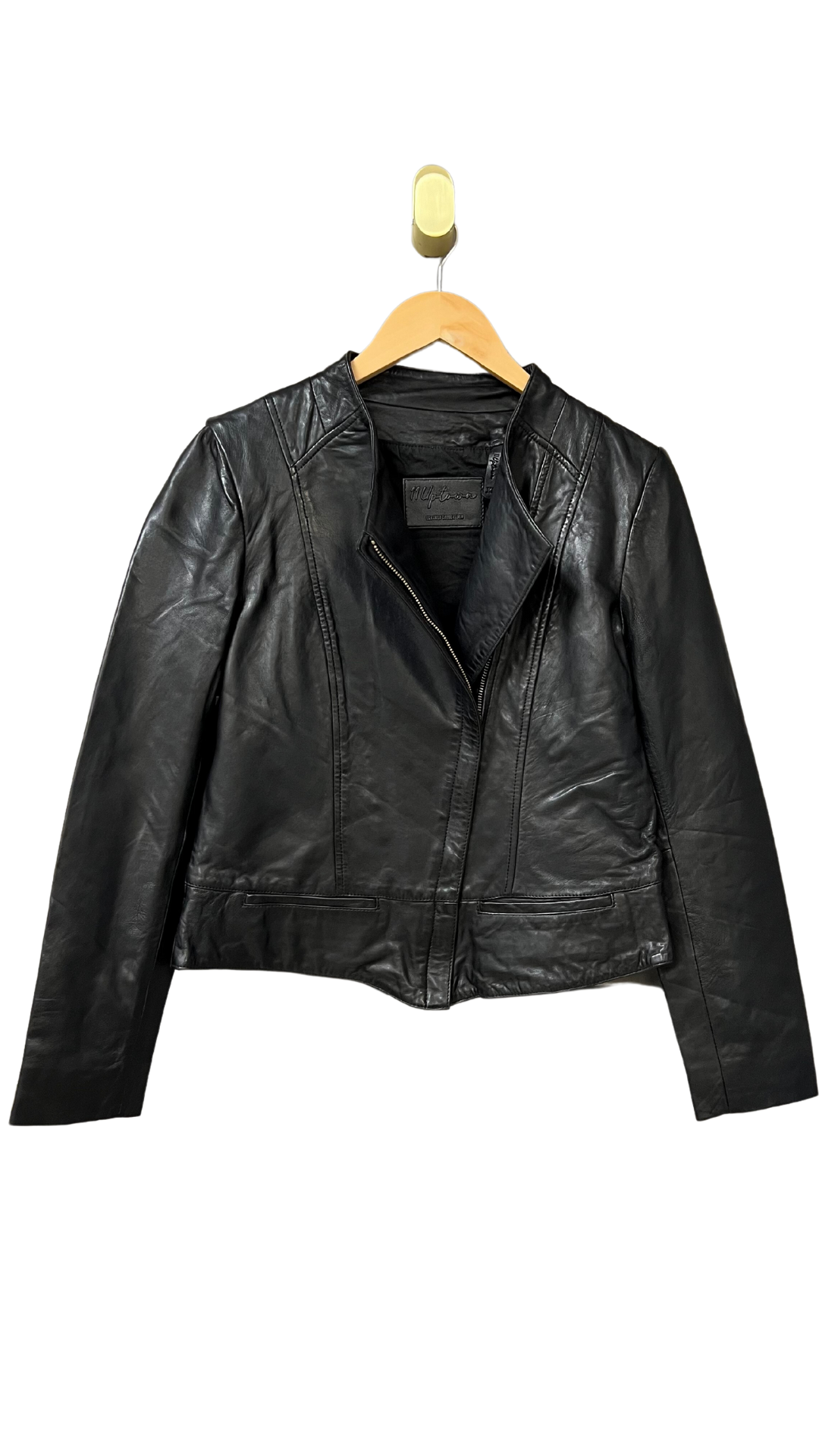 Collarless Leather Jacket in Black