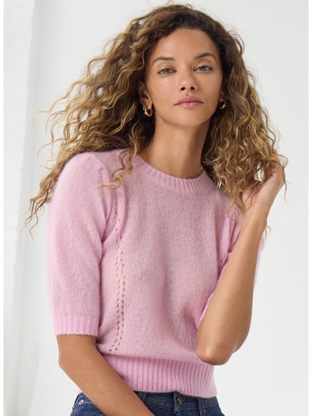 Puff Sleeve Knit Top with Pointelle "Princess" Seams in Daffodil