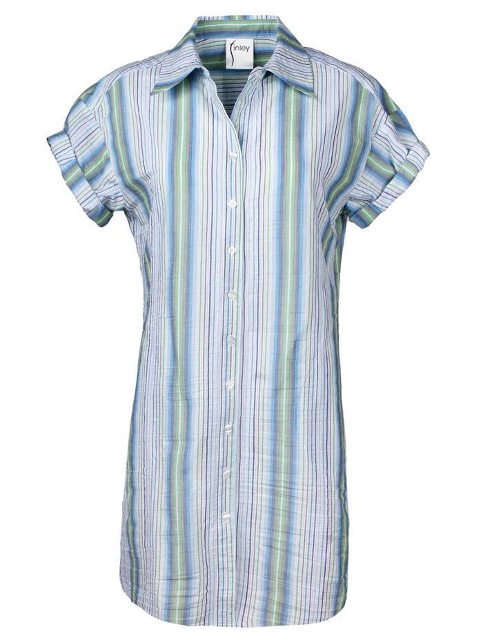 Rolled Sleeve Camp Dress in Blue/Green Stripe
