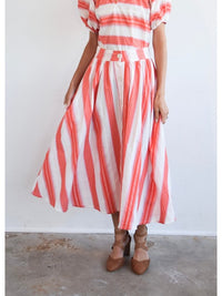 Button Down Midi Skirt in Pink/Orange Stripe