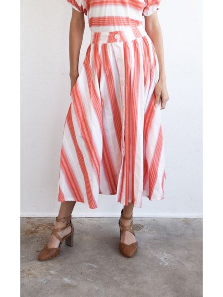Button Down Midi Skirt in Pink/Orange Stripe