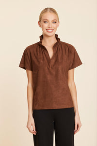 STYLE296BROWN-dolce-cabo-ruffle-stand-up-collar-in-brown-1