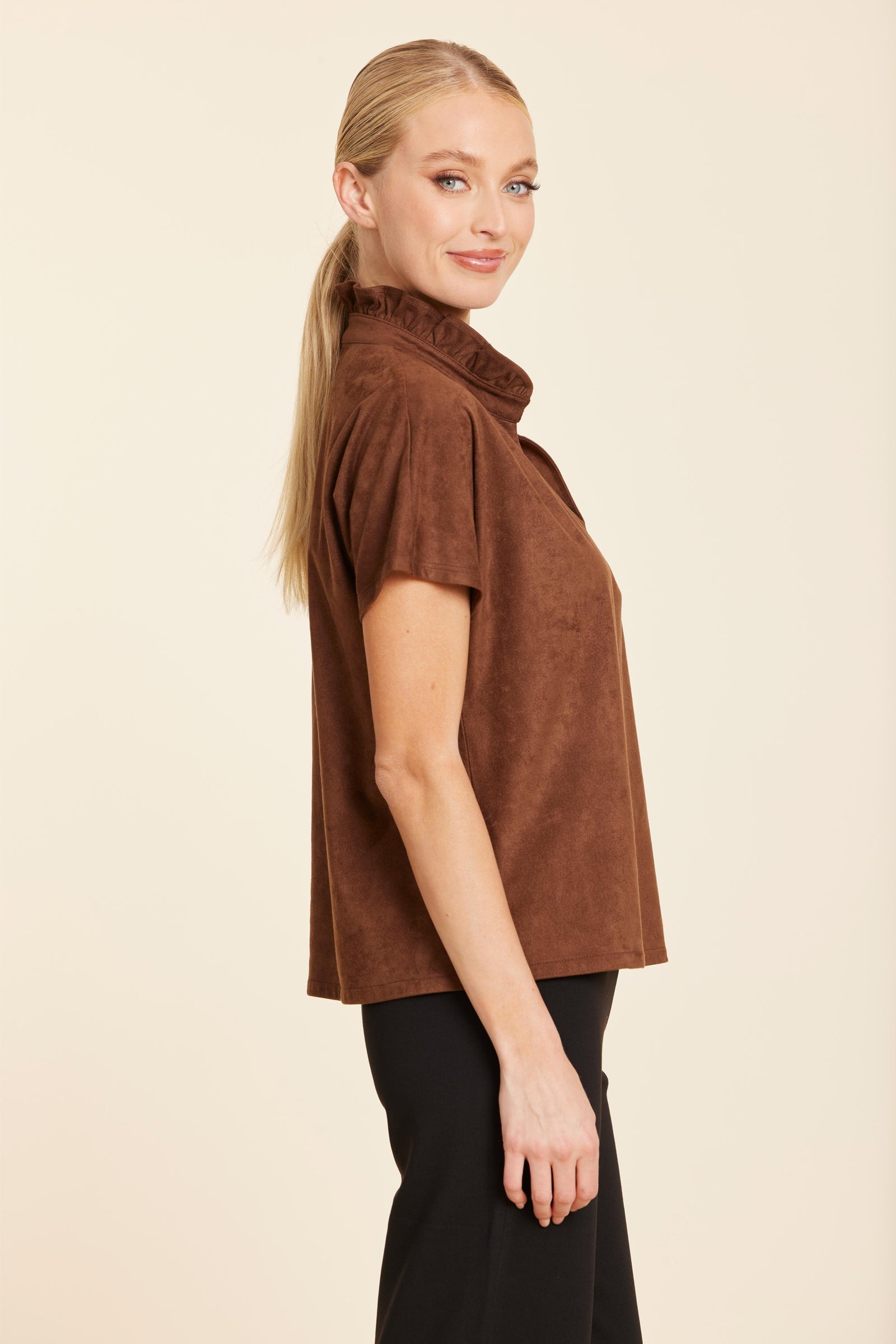 STYLE296BROWN-dolce-cabo-ruffle-stand-up-collar-in-brown-1