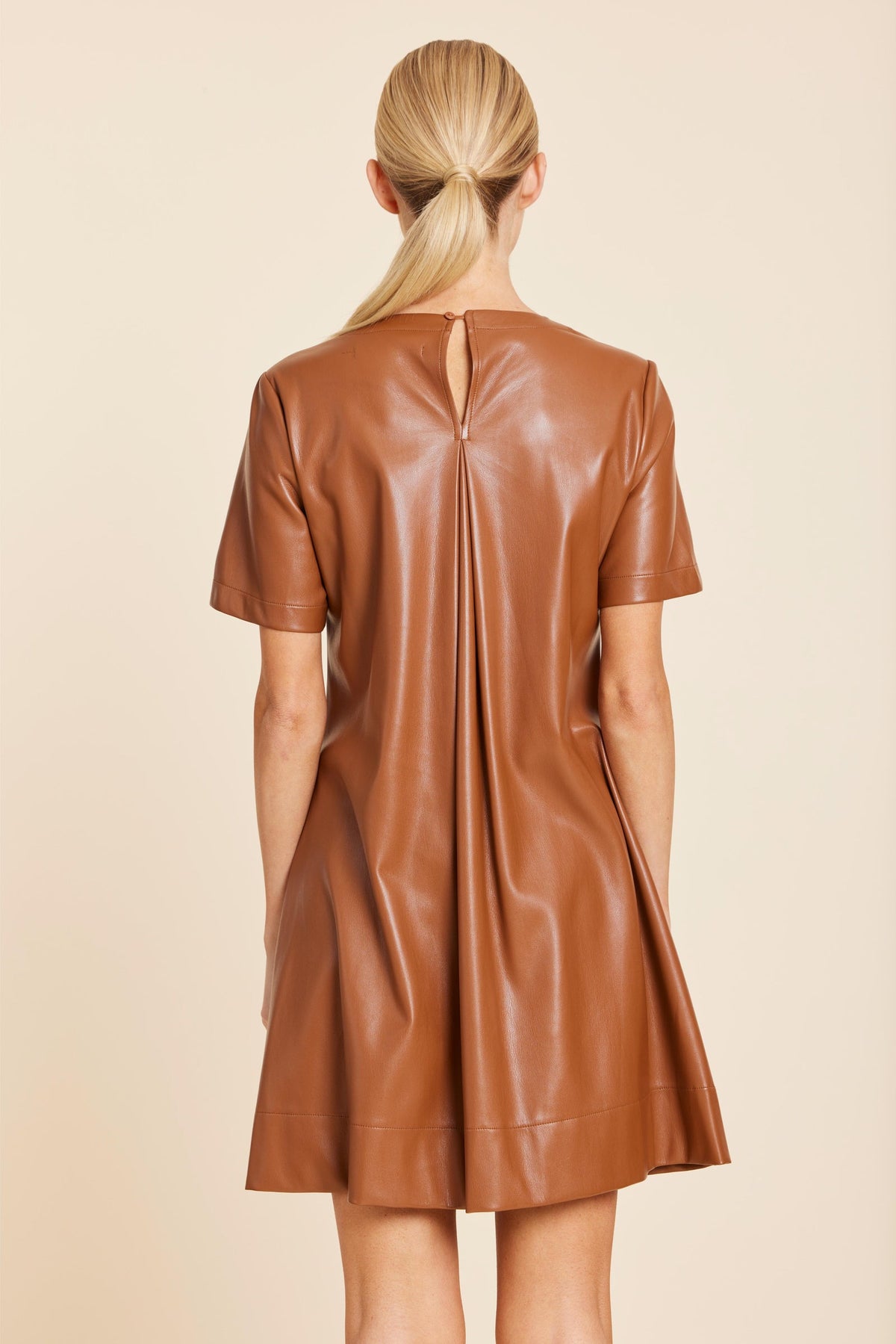 Faux Leather Pleat Dress in Saddle