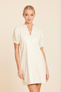 Faux Leather V-Neck Dress in Creme