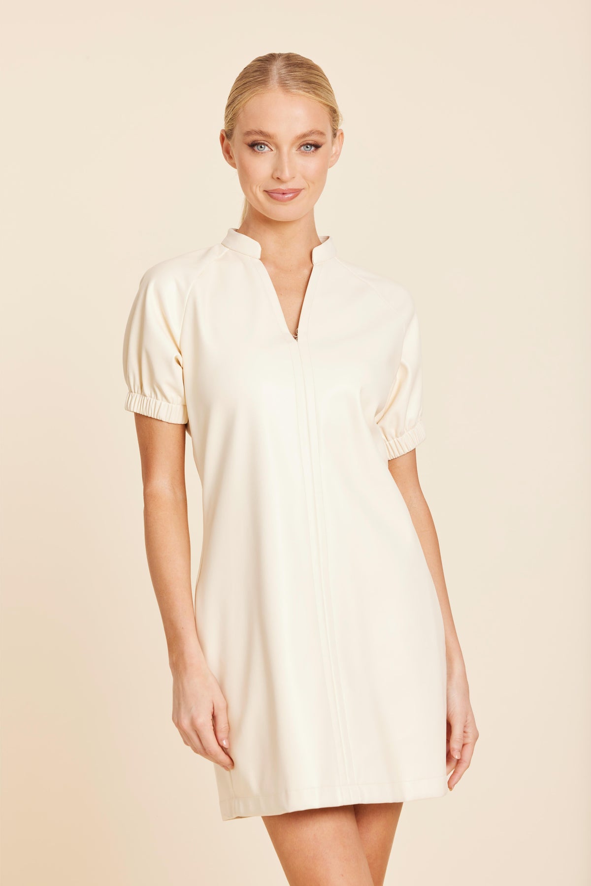 Faux Leather V-Neck Dress in Creme