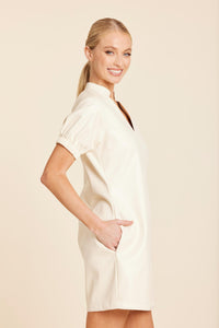Faux Leather V-Neck Dress in Creme