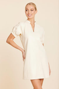 Faux Leather V-Neck Dress in Creme