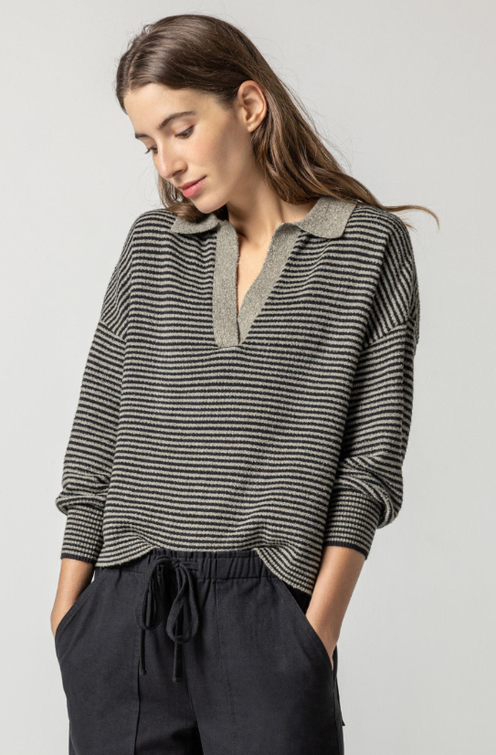 Easy Polo Sweater in Thyme/Black