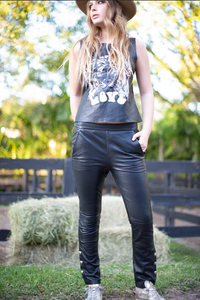 Lion Detailed Leather Pants in Black