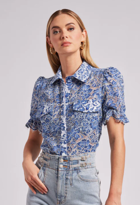 Mina Lace Blouse in Blue/White
