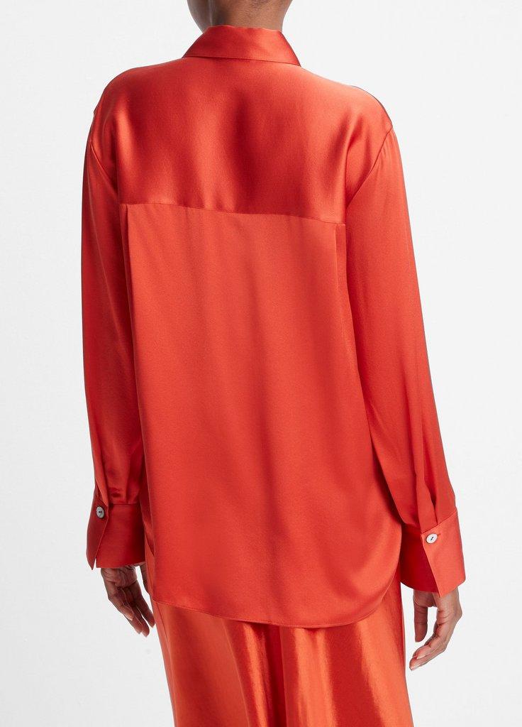 Silk Relaxed Chest-Pocket Blouse in Vermillion
