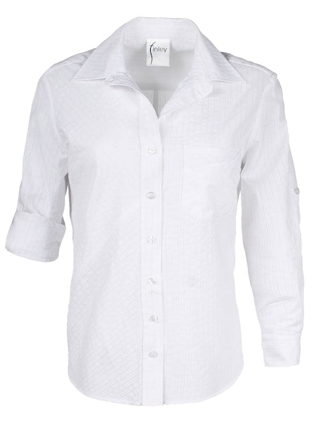 Tiegan Shirt in White Micro Eyelet Stripe