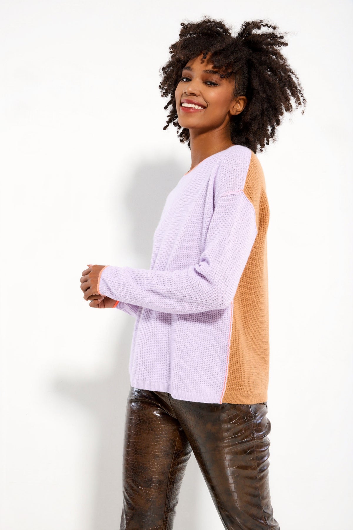 Contrast Waffle Knit Sweater in Purple Passion/Bourbon