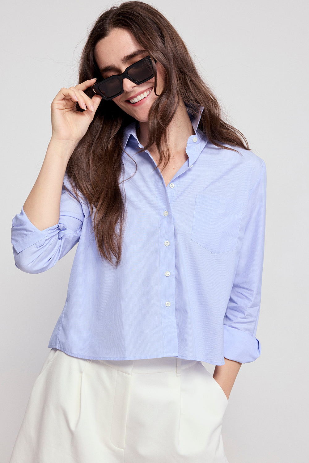 Boxy Long Sleeve Blouse in Blue/White Stripe