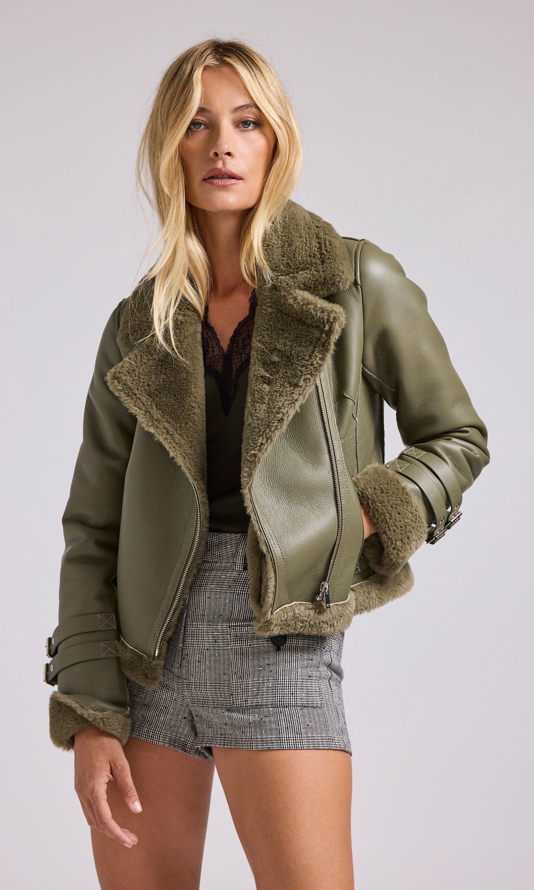 Dion Faux Fur Shearling Moto Jacket in Olive