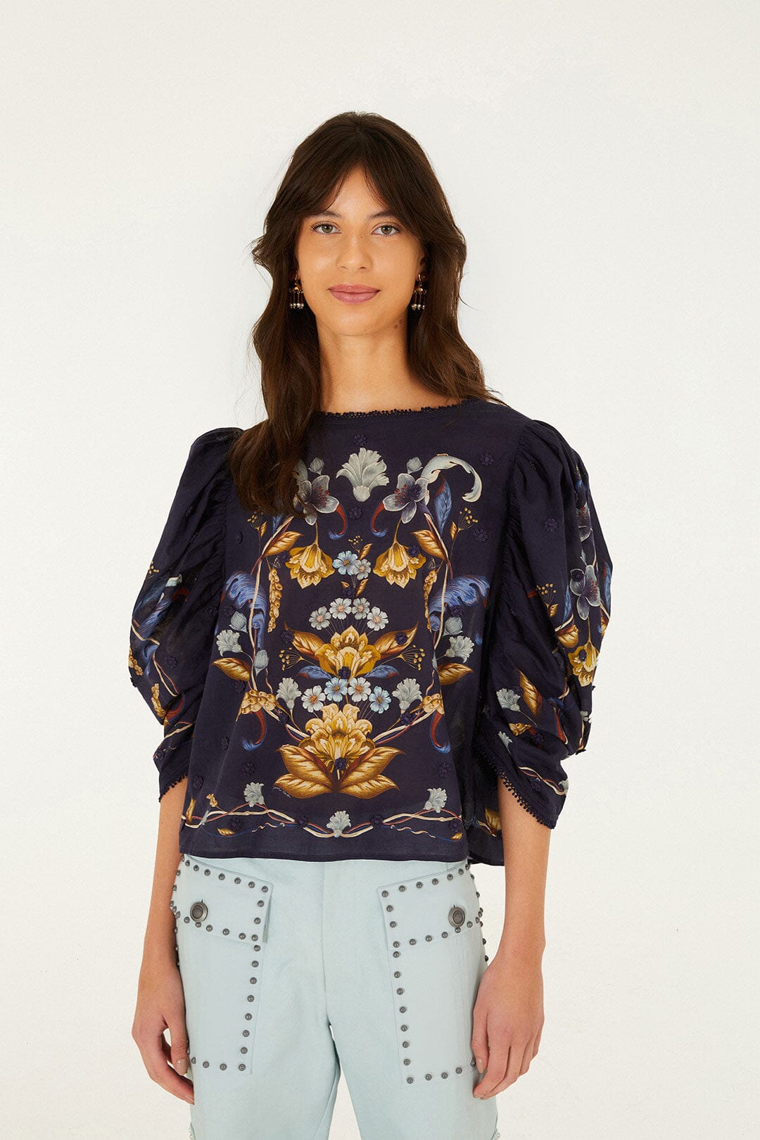 Floral 3D Puff Sleeve Blouse in Golden Nature