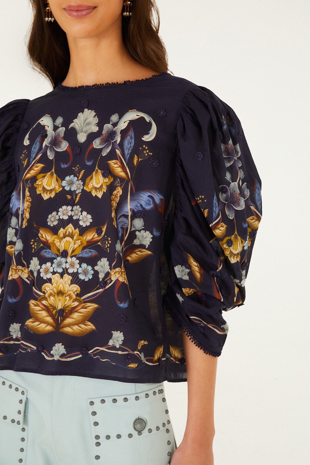 Floral 3D Puff Sleeve Blouse in Golden Nature