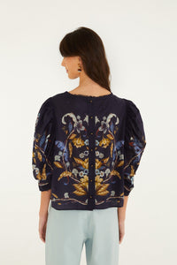 Floral 3D Puff Sleeve Blouse in Golden Nature