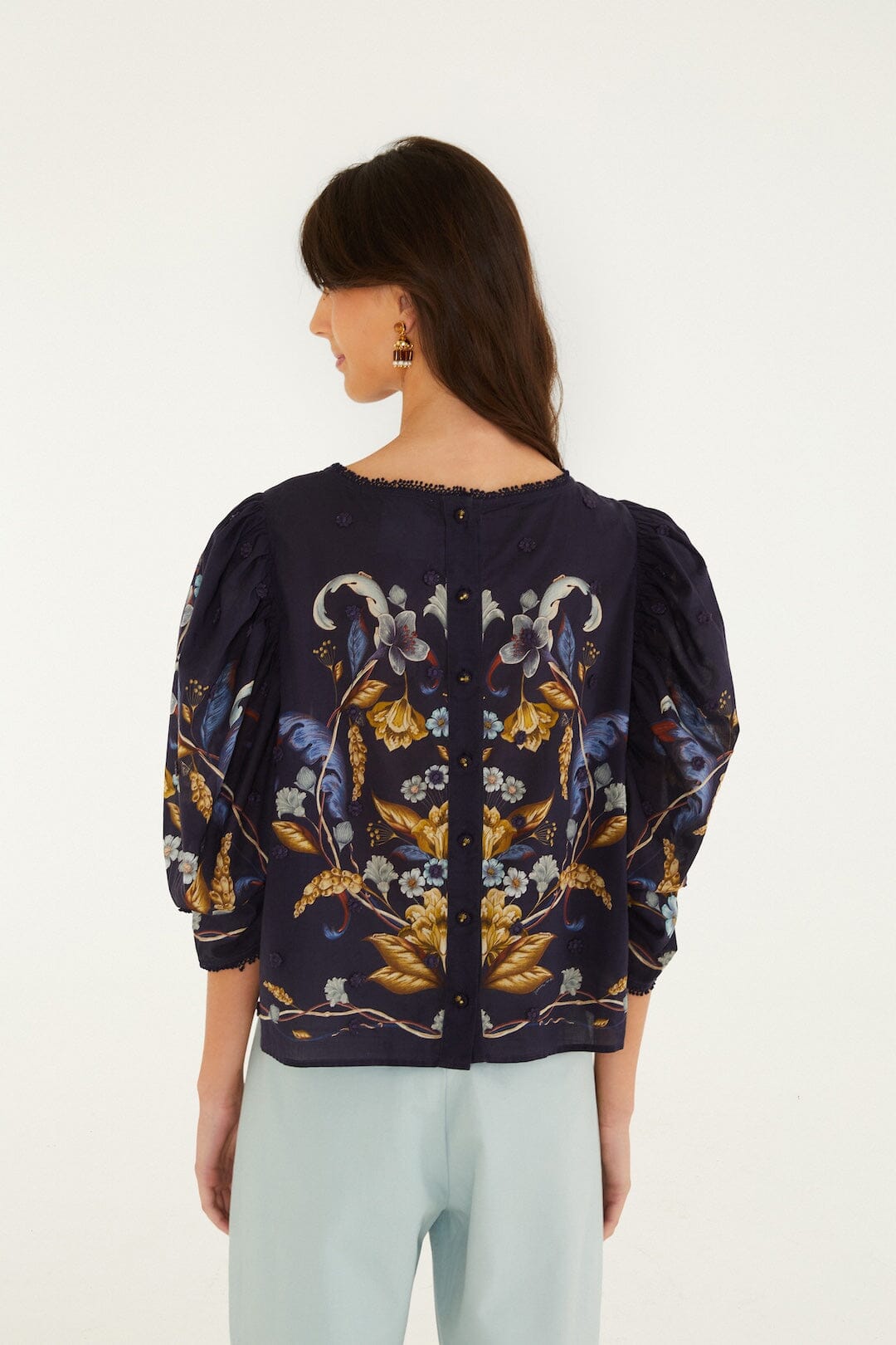 Floral 3D Puff Sleeve Blouse in Golden Nature