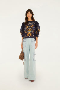 Floral 3D Puff Sleeve Blouse in Golden Nature