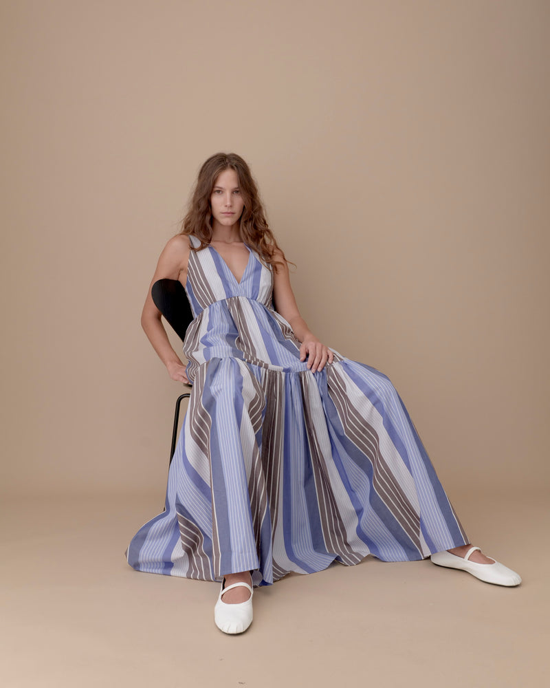 Odette Dress in Blue Patchwork Stripe