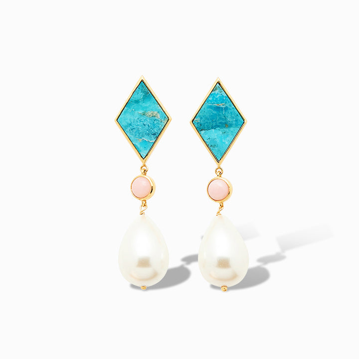 Diamonds Cold Drop Earrings in Mohave Turquoise and Pink Opal