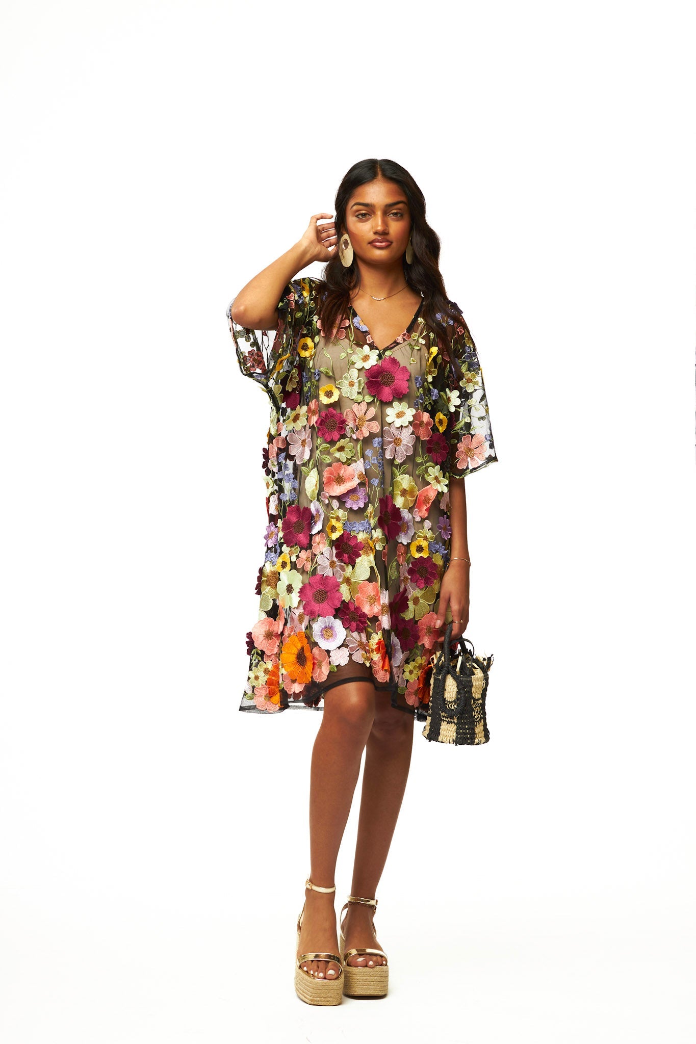 Bellissimo Blooms Mini Caftan in Black Multi