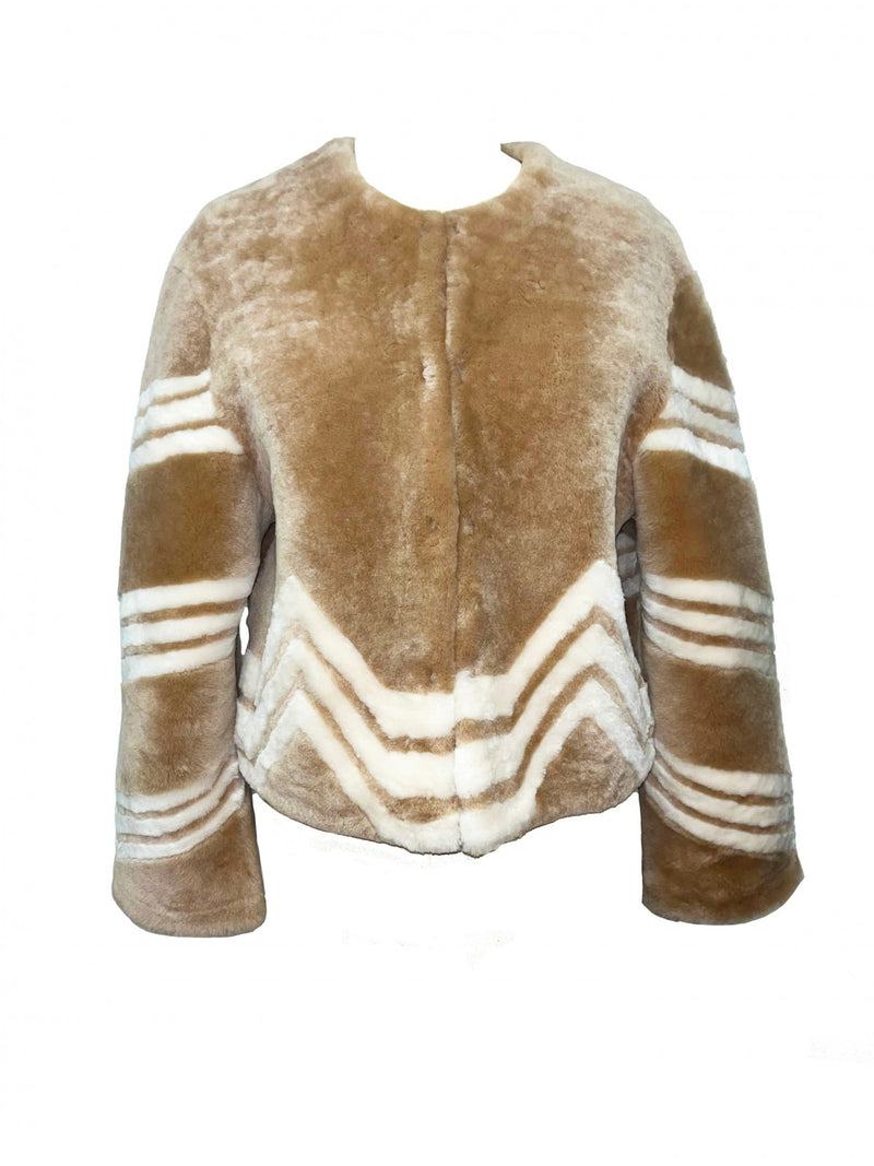 Zig-Zag Fur Jacket in Tan/Cream