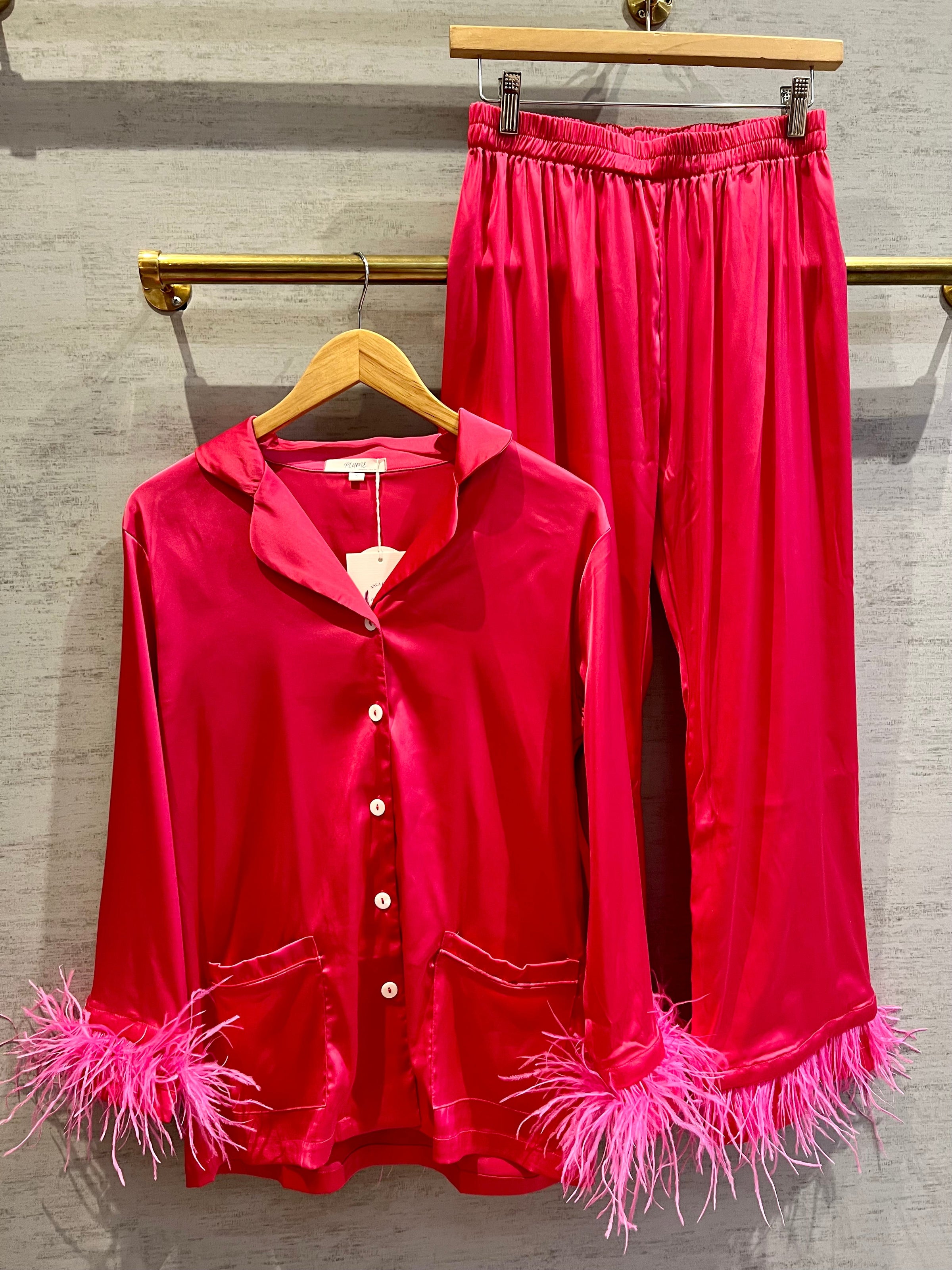 Plume AF Designs Feather Satin Pajamas in Hot Pink Hot Pink / L