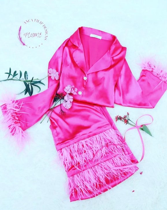 Feather Satin Pajamas in Hot Pink