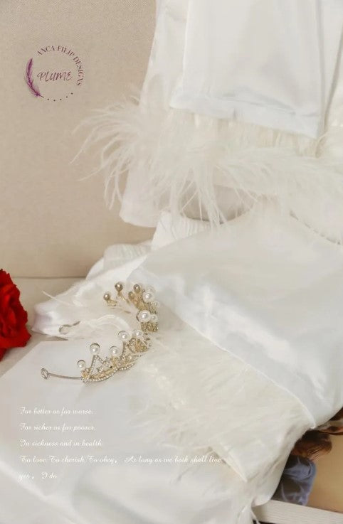 Feather Satin Pajamas in White