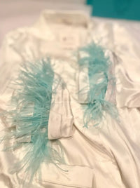 Feather Satin Pajamas in White/Blue